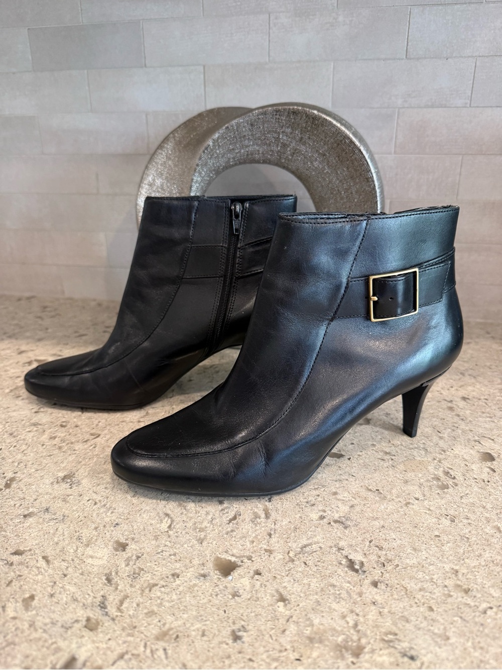 Talbot Black Leather Ankle Booties with Buckle Accent
